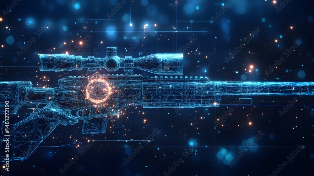 Poster a futuristic sniper rifle is depicted in a light blue wireframe against a dark blue canvas. bokeh li