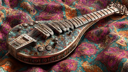 Ornate stringed instrument on a patterned fabric backdrop.