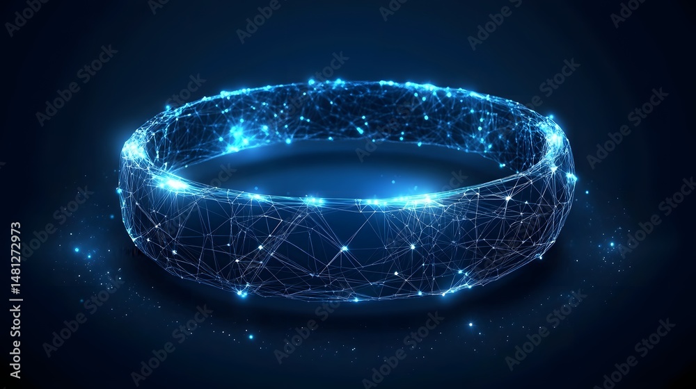 Poster futuristic glowing ring comprised of interconnected lines and points. mesh structure creates a techn