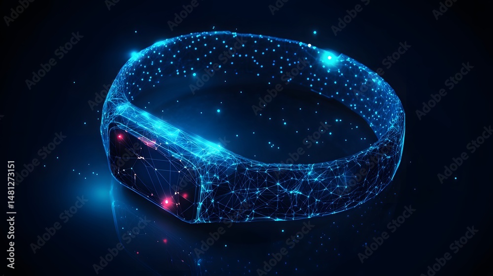Poster futuristic fitness tracker concept with interconnected blue lights forming the band. red lights add 