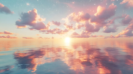 Fototapeta premium Sunset Serenity: Capturing a moment of tranquility, a breathtaking seascape showcases the sun's descent, painting the sky with hues of orange and purple, as the clouds mirror the sky on the water.