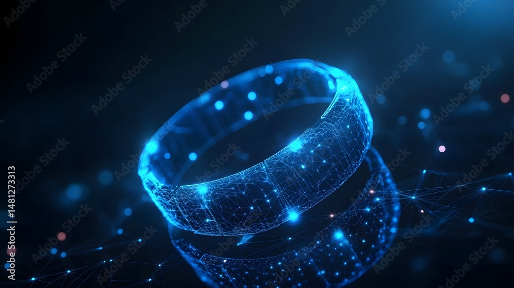 Leinwandbilder Glowing interconnected blue dot rings float in a dark space, one reflecting below. Bokeh lights add depth, creating a futuristic, ethereal network. Abstract wireframe in dark blue.