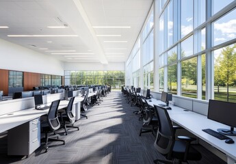 Modern open office space with expansive windows