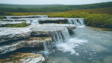Cascading Waterfall Over Light Grey Rocks in a Serene Natural Setting
