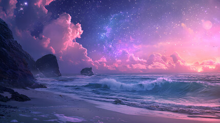 Celestial Shores: A dreamlike panorama of a serene beachscape, where the gentle lapping of waves meets the soft glow of the starlit night, inviting tranquility.