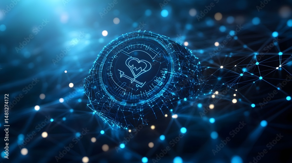 Poster Futuristic smartwatch face displaying a heartbeat monitor on a glowing network. High-tech health data visualization connects medicine and technology. Abstract wireframe in dark blue.
