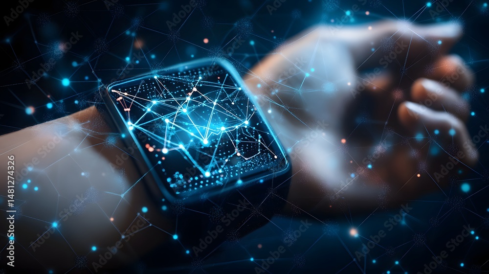 Poster Futuristic smartwatch displaying a complex neural network with glowing nodes. The glowing blue and orange dots create a technologically advanced atmosphere. Abstract wireframe in dark blue.