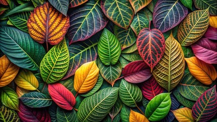 Intricate leaf design seamlessly woven into a vibrant background of various foliage colors and textures, with an organic feel and natural ambiance , ambient, seamless patterns