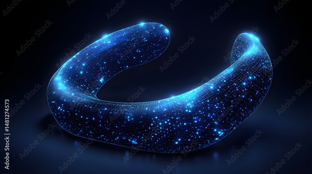 Aufkleber A captivating, glowing blue horseshoe form stands out against the deep dark backdrop. Its wireframe design and bright nodes make it an appealing image. Abstract wireframe in dark blue.