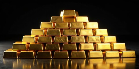 Fototapeta premium Piles of gold bullion bars stacked on black background