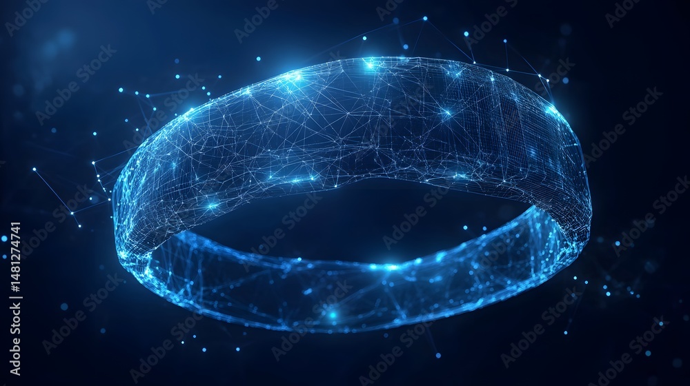 Poster futuristic glowing blue ring floats amidst dark blue. interconnected lines and luminous dots evoke a