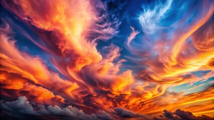 Fototapeta premium Vibrant clouds morph into swirling abstract patterns against a deep blue sky, creating an ethereal atmosphere with shades of orange and pink hues , nature, vibrant colors