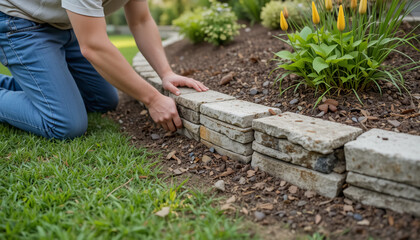 Naklejka premium Man Placing Brick into Garden Flower Bed