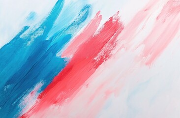 Abstract brushstrokes of vibrant blue and coral paint on white background