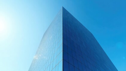 Modern skyscraper office building against a clear blue sky , sunny, exterior