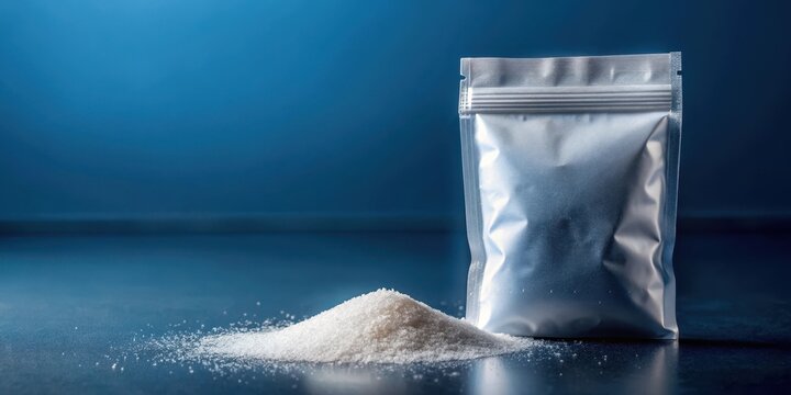 High-resolution close-up image of erythritol sweetener label on a dark blue background, showcasing the product's name and ingredients in bold font, sweetener packaging, food