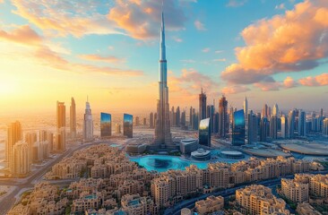 Aerial view of a vibrant city skyline at sunrise, showcasing modern architectural marvels