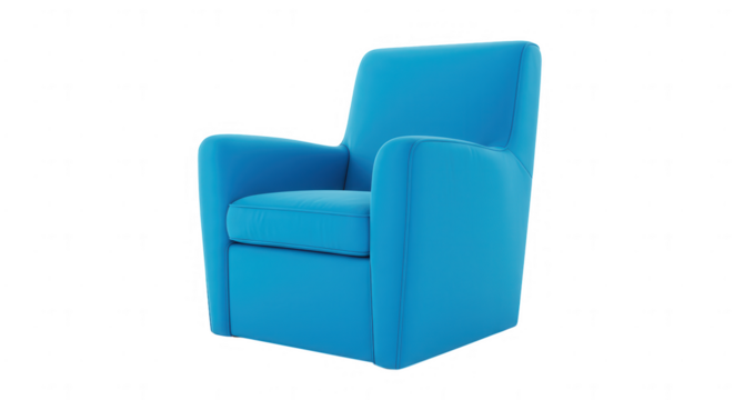 Modern blue armchair with curved backrest and armrests isolated on transparent background