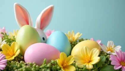 Pastel colored Easter eggs nestled in a spring flower arrangement, bunny ears peeking out from behind , pastel, holiday, joyful