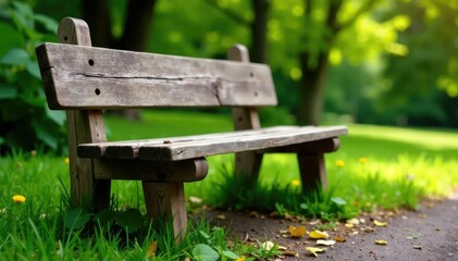 Fototapeta premium Rustic wooden bench outdoors, weathered and worn Ideal for garden, park, or backyard settings , backyard bench, sitting