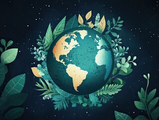 Earth surrounded by lush greenery in a cosmic setting.