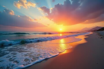 Serene beach scene at sunset, calm ocean waves lapping gently on the shore , sun, mindfulness, unwind