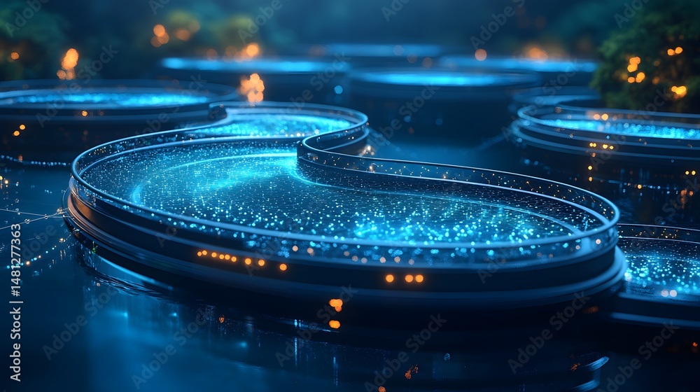 Aufkleber futuristic landscape featuring interconnected, elevated platforms with light blue grids and orange l