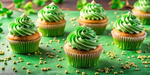 Colorful cupcakes on a table with green frosting and shamrock sprinkles, treats, cupcakes,  treats, cupcakes, spring