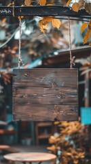 Empty wooden signboard mockup hanging on outdoor stall,
