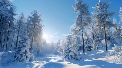 Obraz premium Snow Covered Forest Scene Under Bright Sunlight with Blue Sky and Winter Atmosphere