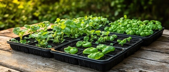 Seedlings of different herbs grow in trays on a rustic wooden surface ready for transplanting outdoors.