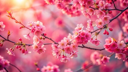 Obraz premium Delicate cherry blossom branches with vibrant red petals and subtle gradient hues in a soft focus background, showcasing the beauty of nature in springtime, cherry blossoms, flowers