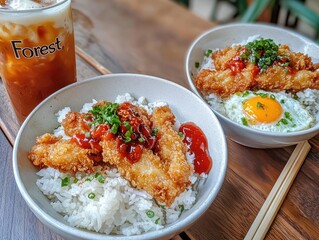 Crispy fried fish over rice with egg