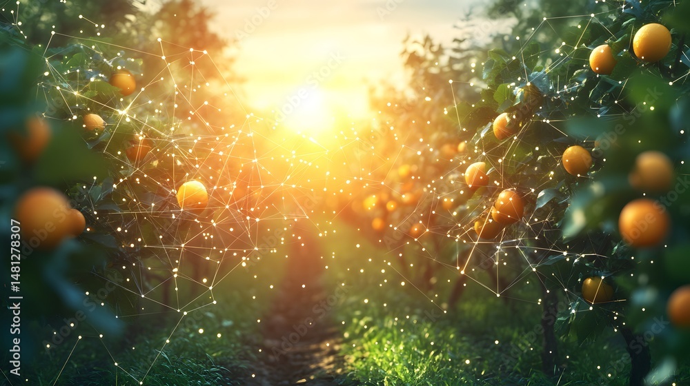 Poster Sun-kissed orchard seamlessly merges with digital network, visualizing data-driven farming. Represents the future of agriculture. Smart farm innovation. Abstract wireframe in dark blue.