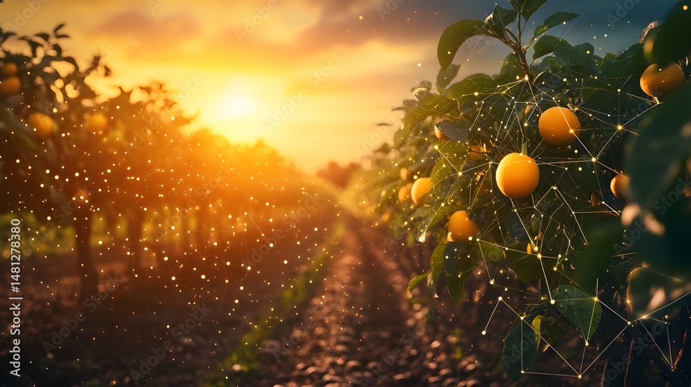 Poster sunset bathes a vibrant orchard in golden light, ripe with orange fruit. data streams connect the tr