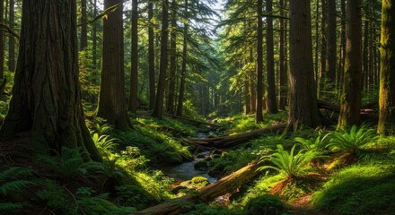 Obraz premium Lush forest floor bathed in sunlight