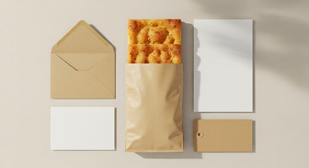 Delicious focaccia bread with blank stationery on creamy textured background