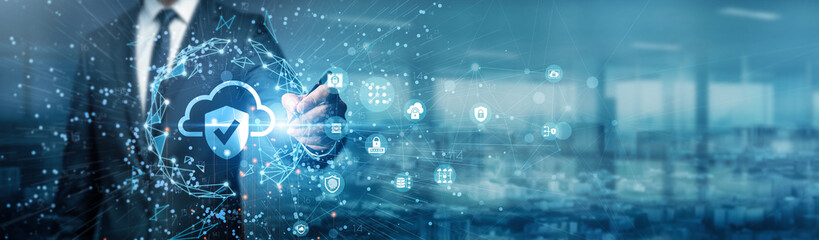 Hand of businessman drawing graphs highlighting Cloud Security strategies, protecting data,...