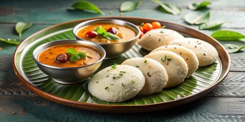 Rava idli on a plate with sambar and chutney, South Indian delicacy, south indian