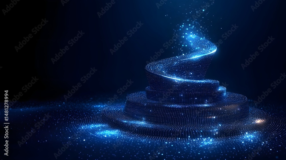 Poster abstract shimmering structure in blues. concentric platforms rise to a dissolving helix, creating an