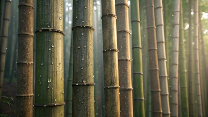 Fototapeta premium Closeup of bamboo stalks in a misty forest.