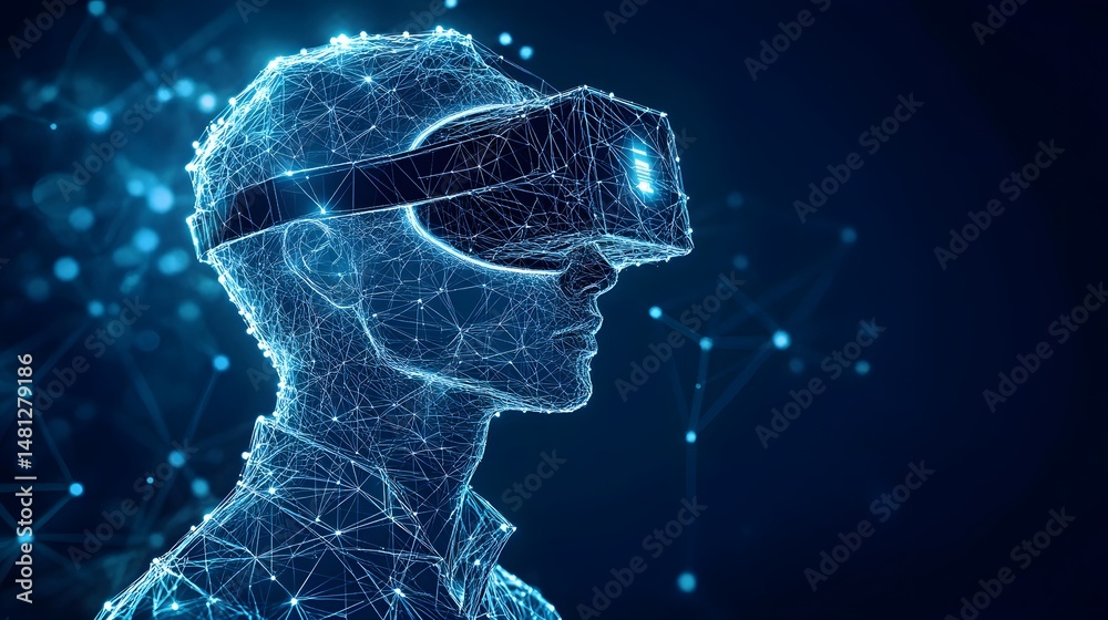 Aufkleber futuristic depiction of vr immersion. a glowing blue wireframe figure explores virtual reality with 