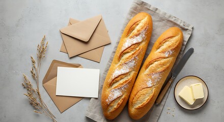Elegant culinary composition featuring artisanal baguettes, stationery, and breakfast essentials
