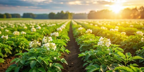 Naklejka premium Rows of potato plants with lush green leaves and stems in a sunny field surrounded by wildflowers and tall grass