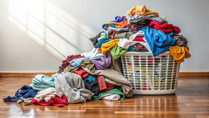 A large pile of dirty clothes scattered across the floor, with a laundry basket sitting next to it, overflowing with clean clothes and folded towels , household chores, mess