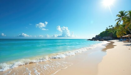 Fototapeta premium Sun-drenched beach, gentle waves lapping the shore, clear blue sky , horizon, sky