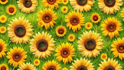 Sunflower floral seamless pattern on a bright summer background , green grass