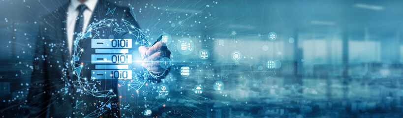 Hand of businessman drawing graphs to visualize trends extracted from Big Data analytics, enabling...