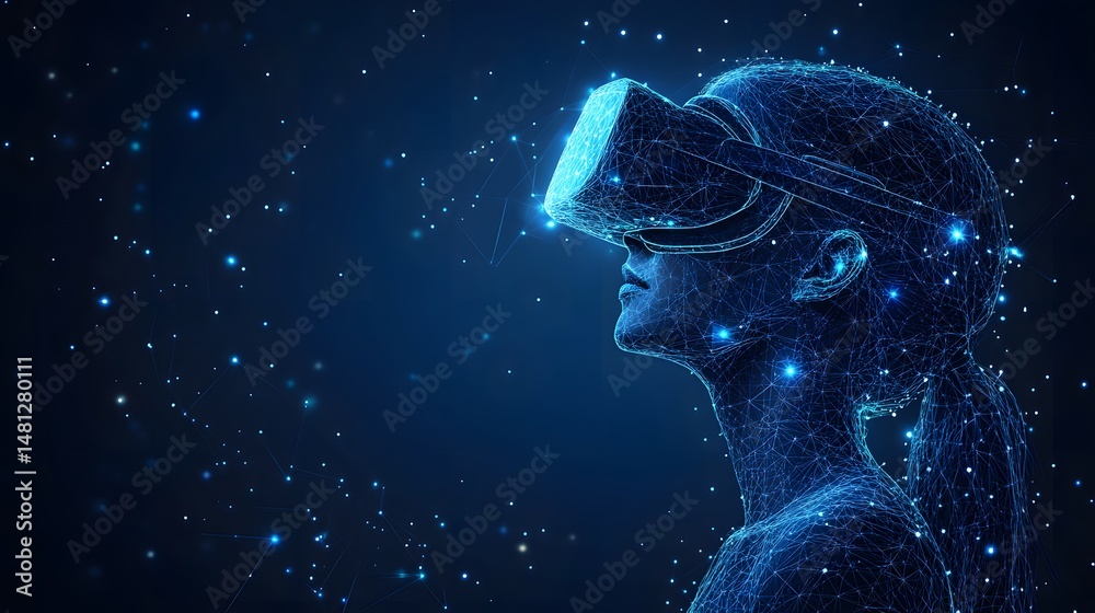 Leinwandbilder Futuristic wireframe rendering of a person experiencing virtual reality. The VR headset and figure blend seamlessly in a high-tech display. Microstock: Abstract wireframe in dark blue