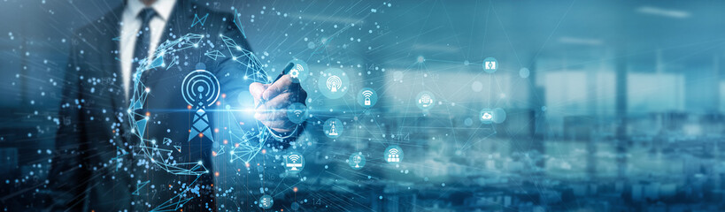 Hand of businessman drawing graphs. Telecommunications transmits data via networks, using signals,...